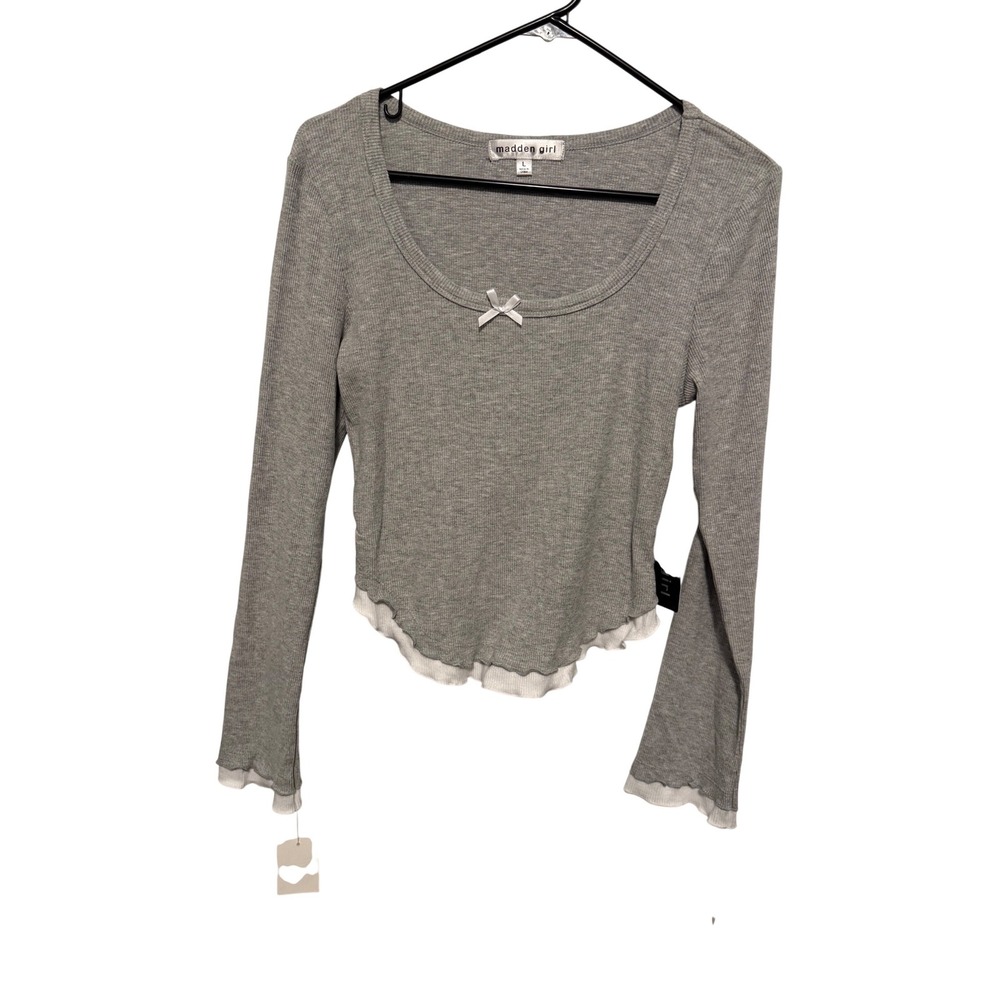 Madden Girl Womens Gray Ribbed Long Sleeve Bow Top Layered Lettuce Hem Large NEW